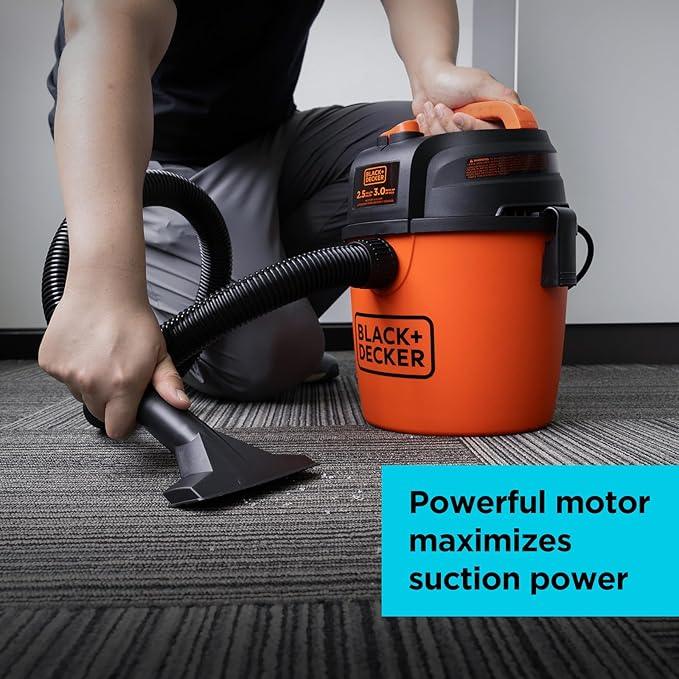 BLACK+DECKER 2.5 Gallon Shop Vac, 3 Peak HP Wet Dry Vacuum with Powerful Suction, Portable for Garage Car and Home Use, Pet Hair Cleaning, Accessories Included, BDXV18134PA - NeatNest