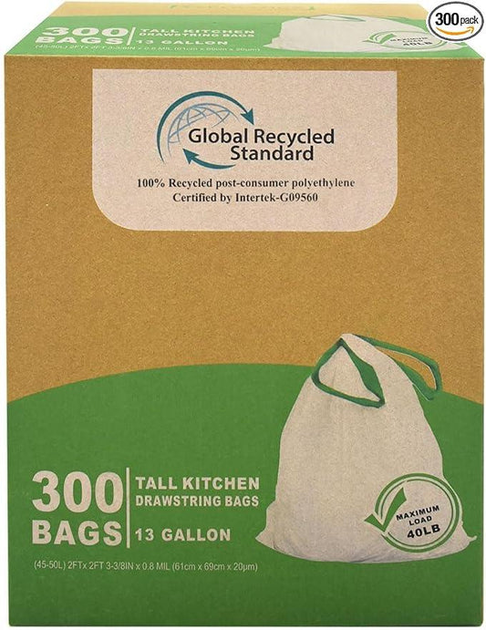 TYPLASTICS 300 Count 13 Gallon Tall Kitchen Drawstring Trash Bags, GRS Compliant, Eco-Friendly Recycled Material - NeatNest