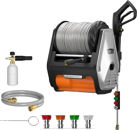 Giraffe Tools Wall Mount Pressure Washer PRO with Max 3700PSI 1.6 GPM, Upgraded 1800W Brushless Motor, Electric Power Washer with 100ft Pressure Hose, 4-Nozzles, Foam Cannon, Automatic Rewind - NeatNest