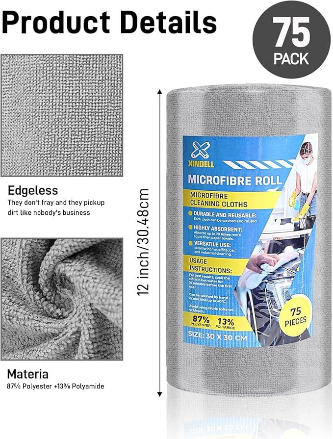 XINDELL Microfiber Cleaning Cloth Roll – 150 Pack 12"x12", Tear-Off Microfiber Towels, Lint-Free, Ultra Absorbent Car Detailing & Cleaning Cloths – Grey - NeatNest