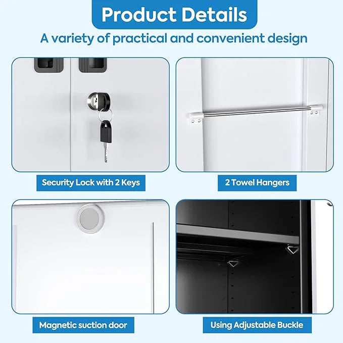 SUXXAN Broom Closet Storage Cabinet with Wheels 71.4"x 31.5"x15.7", Metal Cleaning Cabinets with Hooks and Hanging Rods, Lockable Cabinet with Pegboard, Adjustable Shelf(Black/White) - NeatNest