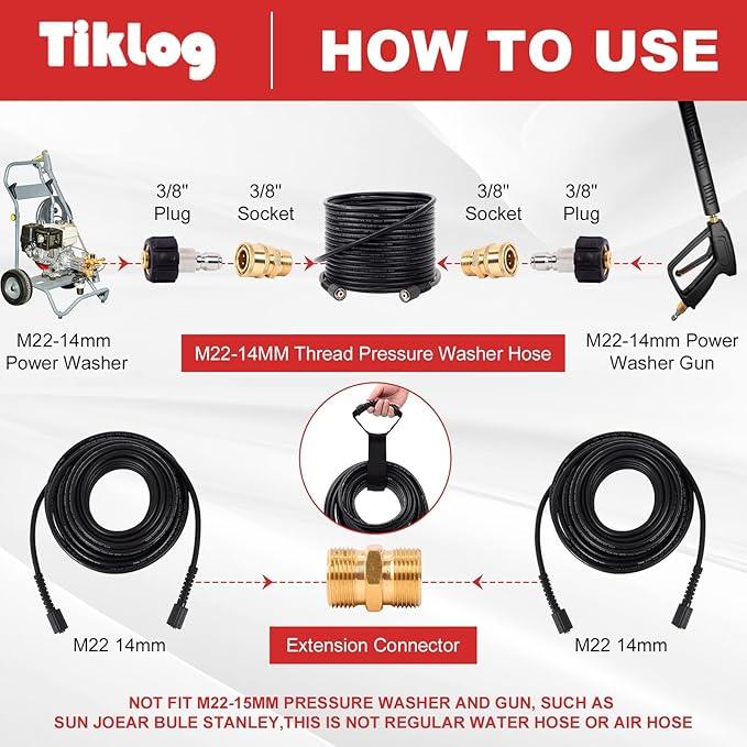 Pressure Washer Hose 100FT 1/4”, 4000 PSI Kink Resistant High Pressure Hose M22 14mm Thread, Flexible Extension Replacement Hose with 3/8 Quick Connect Adapters for Power Washing - NeatNest