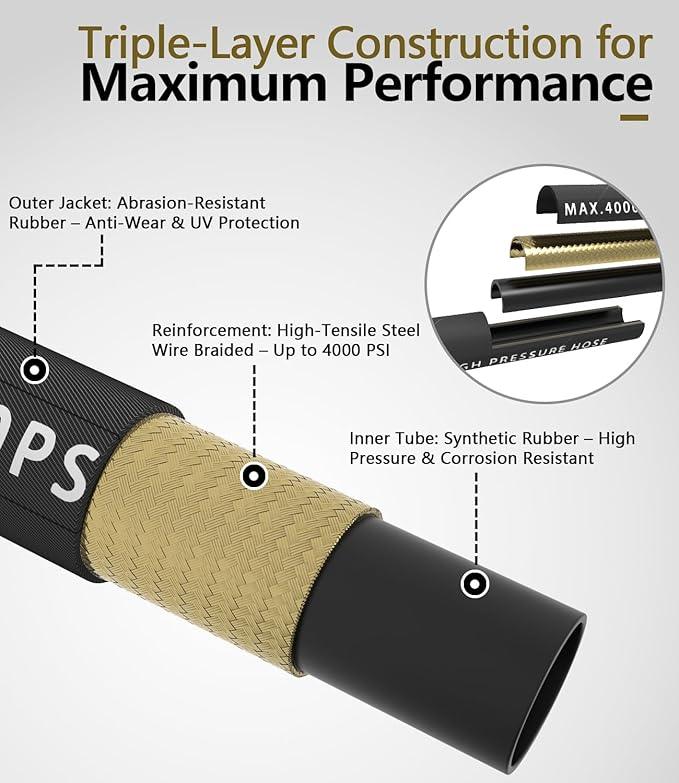 Pressure Washer Hose 100FT 4000 PSI, Kink Resistant Steel Braided Layer & NonMarking Rubber for Hot/Cold Water, High Power Washer Hose With 3/8 Inch Quick Connect & M22 Fitting, Black - NeatNest