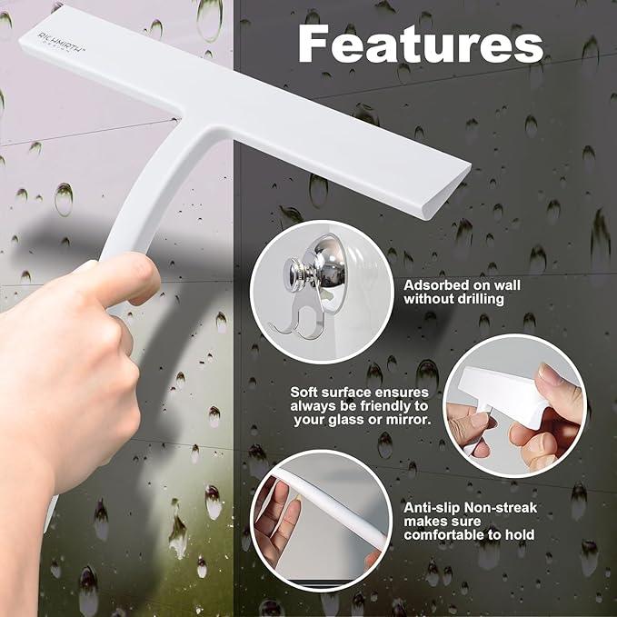 Shower Squeegee for Glass Doors 10 Inch, RICHMIRTH All Purpose Squeegee Cleaning Tool for Window Glass Mirror Bathroom Tile with Suction Cup Hooks - White - NeatNest