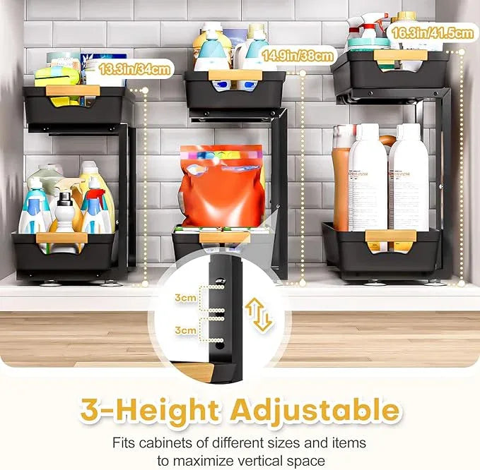 Homde 2-Tier Under Sink Organizer: 2pcs Set Adjustable Pull Out Drawer Undersink Cabinet Storage Rack for Home Kitchen Bathroom - NeatNest