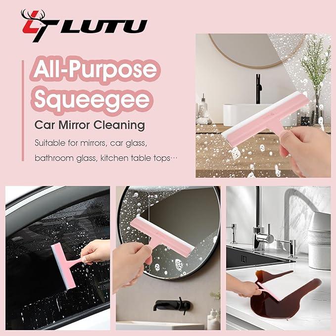 5" Silicone Shower Squeegee for Glass Doors & Car Windows - Small & Mini Size Streak-Free Cleaner, Bathroom, Mirror, Tile Scraper - Compact Pink with Hanging Hole, Kitchen Safe Water Blade - NeatNest