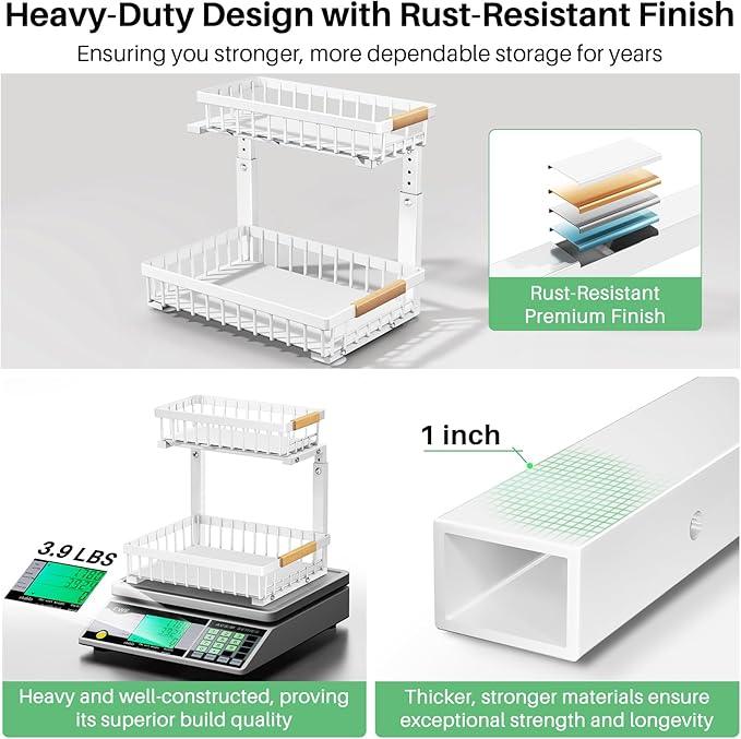 Under Sink Organizer, 2 Packs 2 Tier Under Sink Organizers and Storage, Slide out Pull out Cabinet Organizer Shelf, Metal Sliding Drawer for Kitchen Bathroom Pantry Closet Rack(White) - NeatNest