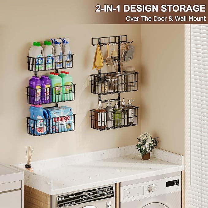 Adjustable Over The Door Organizer, Metal Hanging Door Organizer with 5 Wire Basket 7 Hooks, Wall Mounted Shelf for Pantry Laundry Organization and Storage, Black - NeatNest