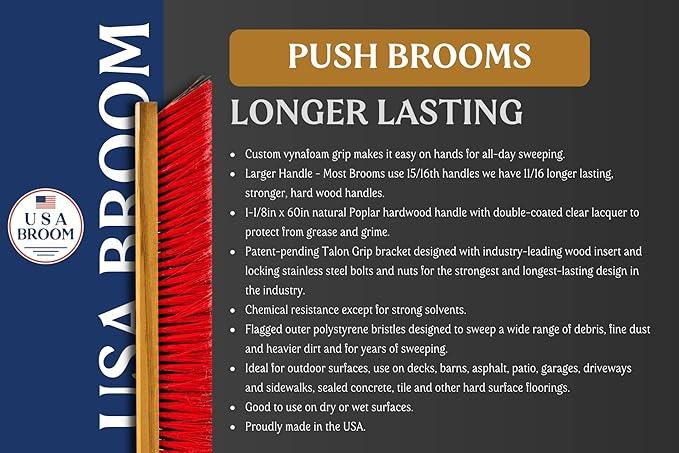USA Broom 36" Everyday Sweep Indoor/Outdoor Push Broom with 60" Handle. Ideal for Garages & Shops. Durable American Made Steel Brackets-All Stainless Steel Hardware. No Plastic. 100% Made in The USA. - NeatNest