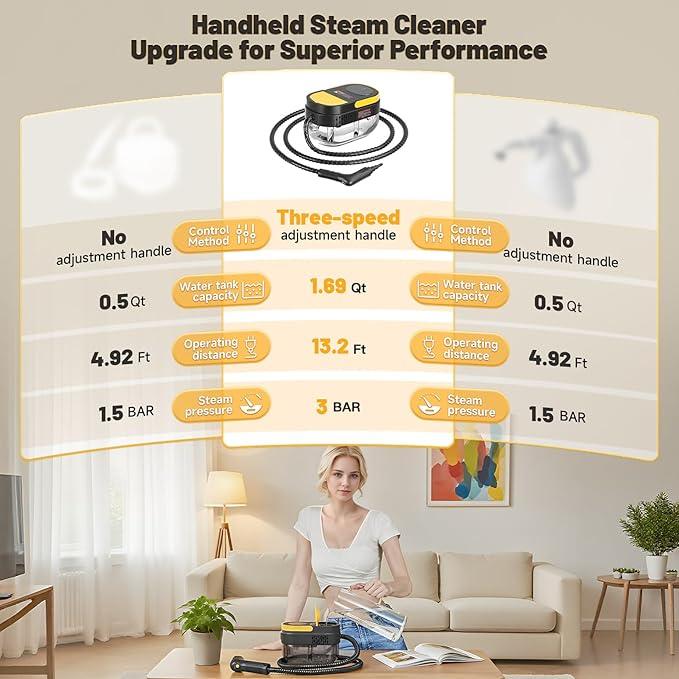 Gautye Steam Cleaner, 3-Level Adjustable Handle, 15s Heat-Up, 1.69 Quarts Tank, Portable Steamer for Cleaning with 15 pcs Accessories, Steam Cleaner for Home for Dirt, Grease, Grout, Tile,Floor, Car - NeatNest