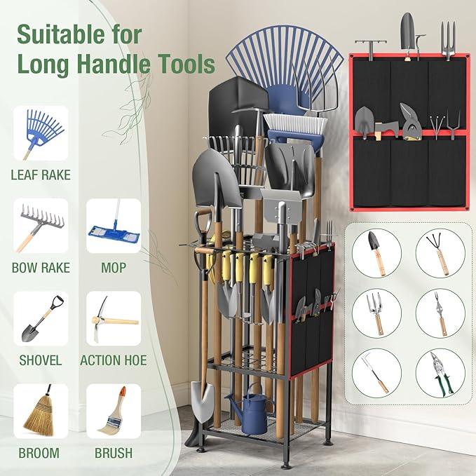 Garden Tool Organizer,Metal Yard Tool Organizer,Holds 50 Long-Handled Tools/Rakes/Brooms,Side Garden Pocket,Heavy Duty Steel Yard Tool Storage Rack for Garage,Shed, Outdoor - NeatNest