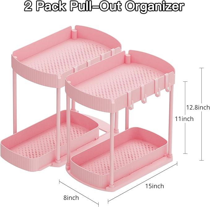 2 Pack Multi-Purpose Pull-Out Storage Organizers, Under Sink & Cabinet Organizers, 12.8 Inch Pink - NeatNest