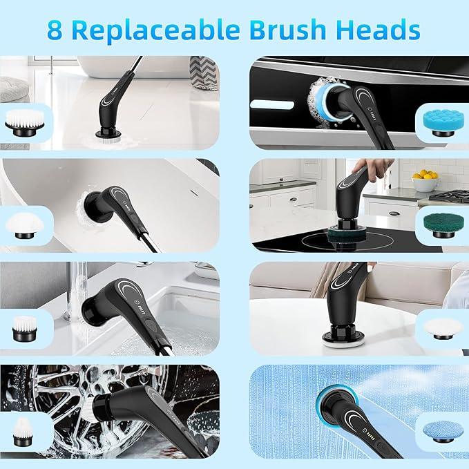 Black Electric Spin Scrubber, Cordless Spin Scrubber with 8 Replaceable Brush Heads, Electric Scrub Brush with Adjustable Extension Handle, Electric Cleaning Brush for Bathroom, Tile and Bathtub - NeatNest