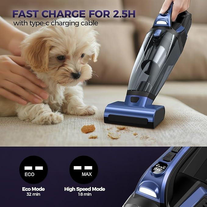 Pet Hair Handheld Vacuum Cordless: 20000PA High Power Car Vacuum with Motorized Brush and LED Light, Rechargeable Hand Held Vacuum Cleaner with Reusable Filter for Car, Home, Office & Pet, Blue - NeatNest