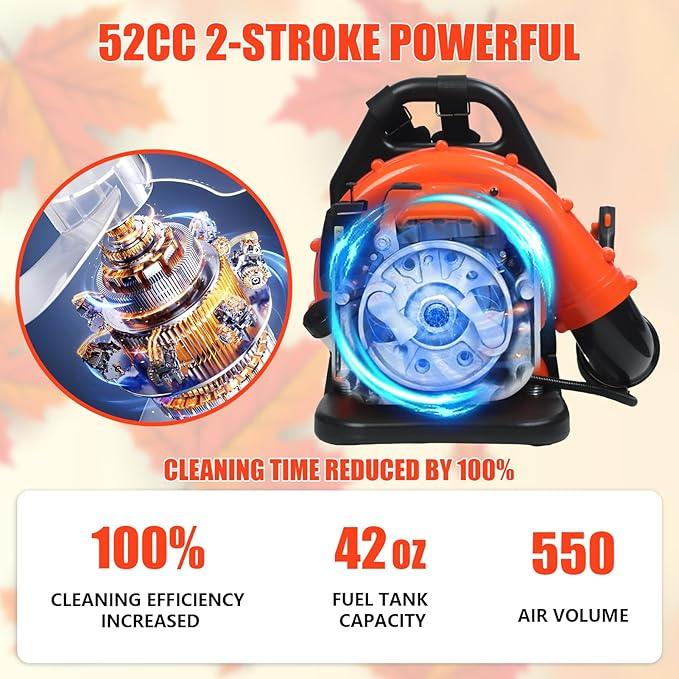 52CC Gas Backpack Leaf Blower, 2-Stroke Engine 550CFM Commercial-Grade Dust Blower, Heavy Duty Patio Cleaning Lawn Care Yard Work Landscaping Snow Removal Blower 1.7KW/2.3HP - NeatNest
