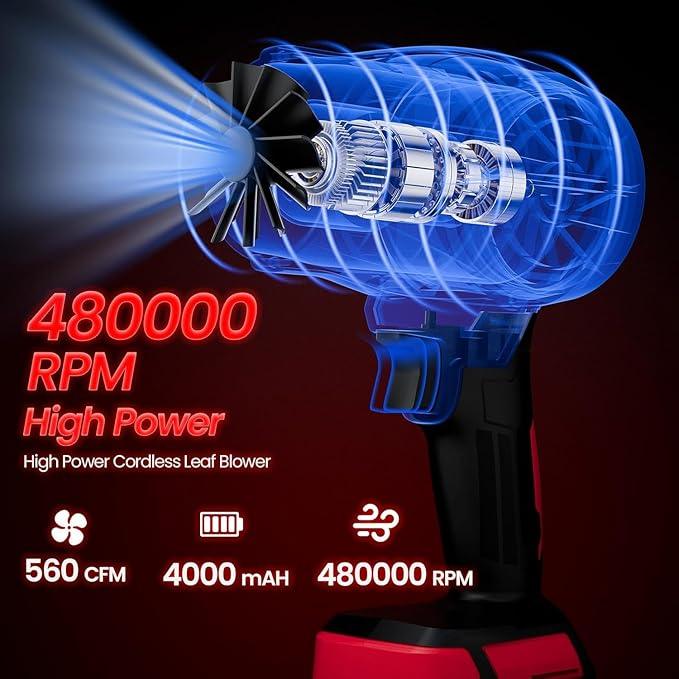 Cordless-Leaf-Blower-Electric Leaf Blower for Lawn Care 560 CFM-Handheld Blower Portable with Battery and Charger with 21V-4.0Ah-2 Batteries, Lightweight Blower for Patio Cleaning dust -red - NeatNest