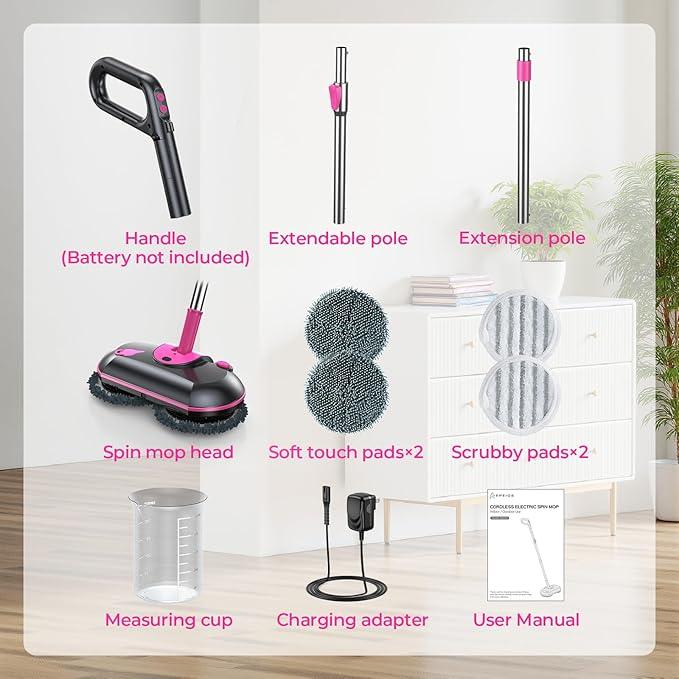 ScrubWiz Electric Spin Mop with Water Sprayer, Cordless Self-Propelled Floor Cleaner for Hardwood & Tile, Quiet Cleaning, Adjustable Handle, 2500mAh Long-Lasting Battery, 300ml Tank, Pink - NeatNest