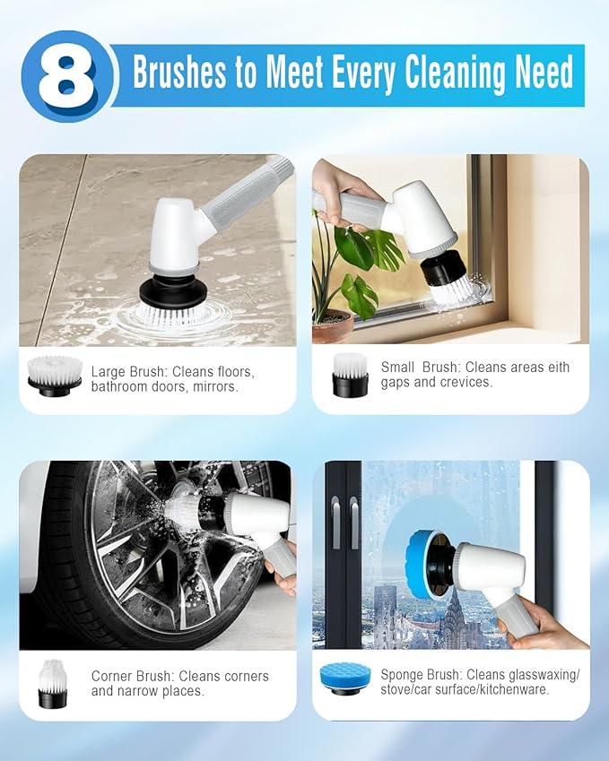 Electric Spin Scrubber Bathroom Scrubber - Cordless Shower Scrubber with Adjustable Handle, 2 Speeds, Bathroom Scrubber with 8 Replaceable Brush Heads, Power Scrubber for Bathroom Bathtub Cleaning - NeatNest