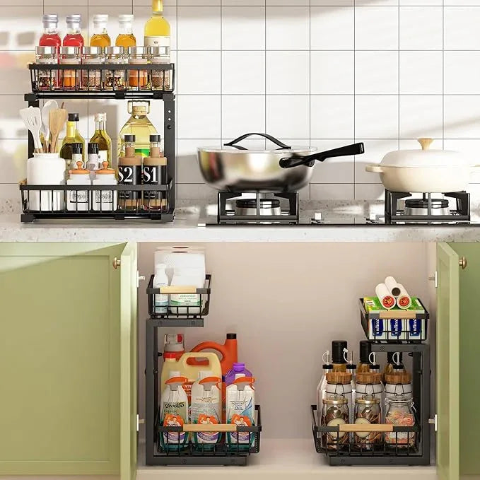 REALINN Under Sink Organizer, 2 Pack Height Adjustable Under Sink Organizers and Storage, 2 Tier Pull Out Drawer Cabinet Storage for Kitchen Bathroom - NeatNest