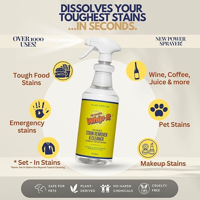 Whip-It Stain Remover and Concentrate Kit, 2-32oz Concentrates & 1-32 OZ Pro Spray Stain Remover, Makes 64 Bottles, Removes Coffee, Wine, Baby Stains, Pet Stains, Plant Based, Enzyme Cleaner, 500 Uses - NeatNest