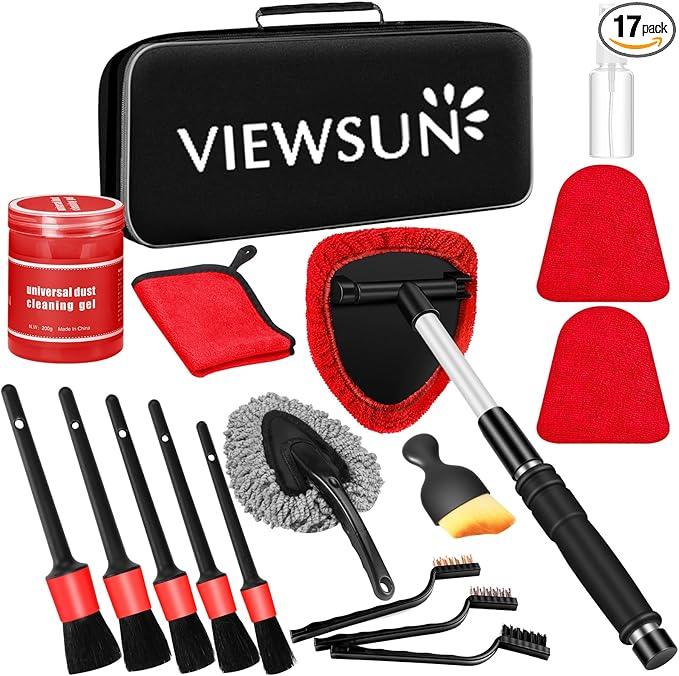 Viewsun Windshield Cleaner Tool, 17Pcs Red Car Interior Cleaning Kit, Car Detailing Kit Interior Cleaner, Car Detailing Brushes, Car Cleaning Gel, Inside Cleaning Supplies Accessories for Women Girls - NeatNest