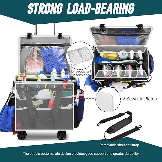 Large Rolling Cleaning Caddy Bag with Detachable Trolley, Full Support Plates for Professional Cleaning Supplies Bag, Organizer Bag with 4 Universal Wheels for Housekeepers, Car Wash, Office, Picnic - NeatNest