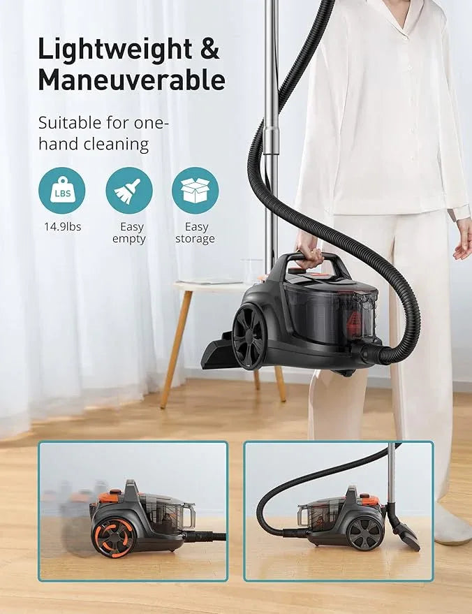 Aspiron Canister Vacuum, Upgraded 1600W Bagless Canister Vacuum Cleaner, Auto Cord Rewind, H13 HEPA Filter, 4Qt Large Capacity, 5 Tools for Hard Floors, Carpet, Pet, Upholstery, Tiles, Apricot - NeatNest