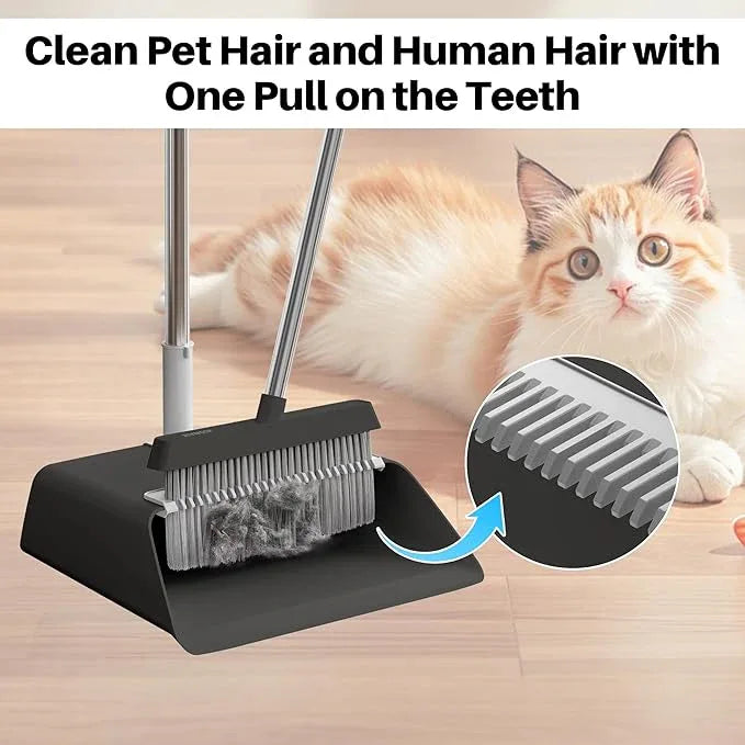 JOYMOOP Black Broom and Dustpan Set, Upright Angle Design with Built-in Comb Teeth for Home, Office, Hardwood Floors, Pet Hair - NeatNest