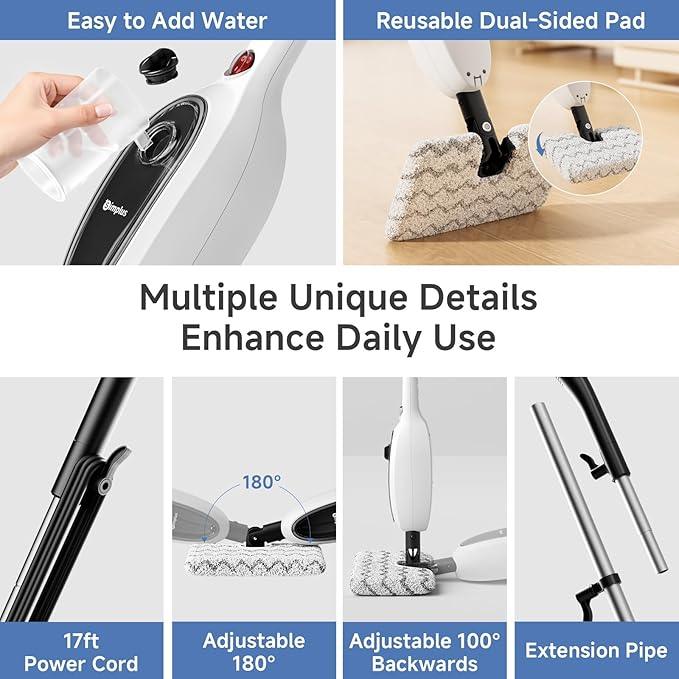SIMPLUS Steam Mop, 8-in-1 Steam Cleaner, 17S Heat Up, Floor Steamer Double-Sided Flip Design, Suitable for Kitchen, Bathroom, Wood Floor, Tile, Windows, Clothes, Whole Home Cleaning - NeatNest
