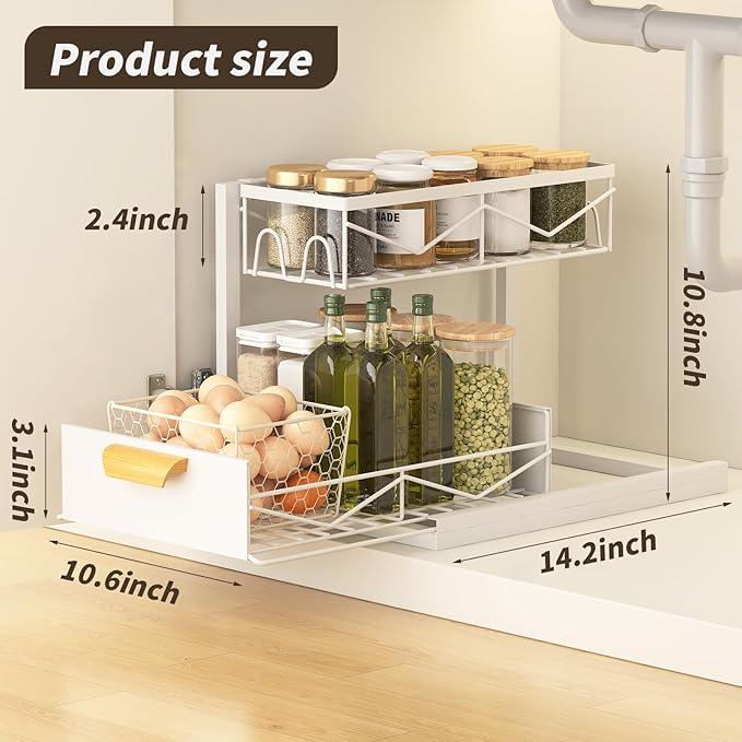 Under Sink Organizer - 2 Tier Pull Out Cabinet Organizer with Sliding Drawers, Adjustable Metal Storage Shelf for Kitchen & Bathroom, Space Saving Storage Solution (White, 1-Pack) - NeatNest