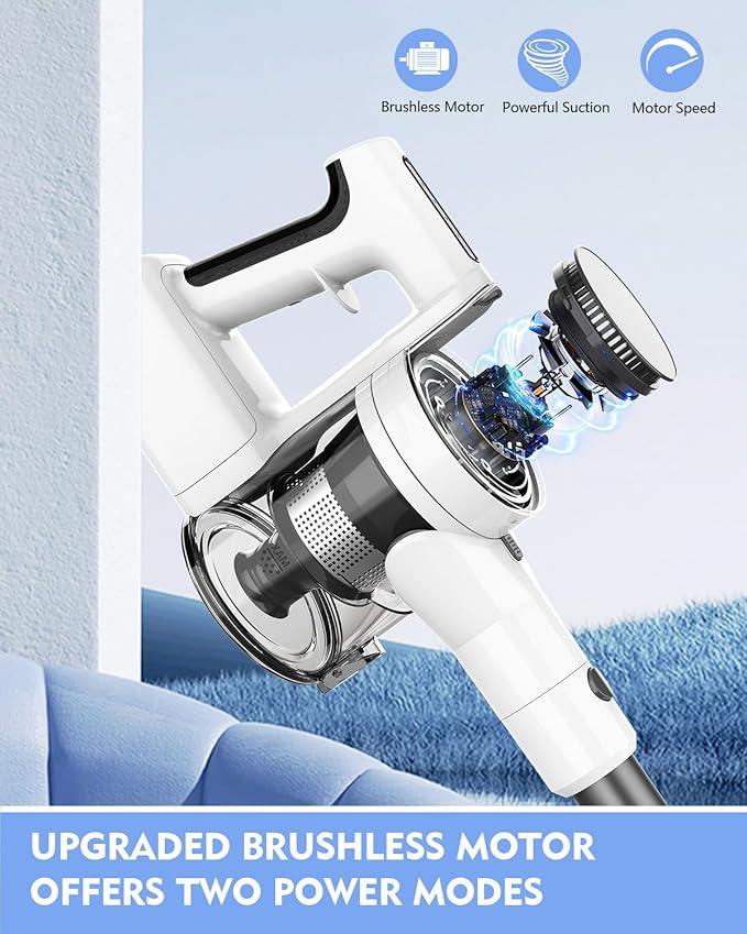 Cordless Vacuums, 80,000PRM Powerful Motor Vacuum Cleaner and 2200mAH Rechargeable Battery up to 35 Mins Worktime, 2 Adjustable Modes, Detachable Parts, Wireless Stick Vacuum (Tea White) - NeatNest