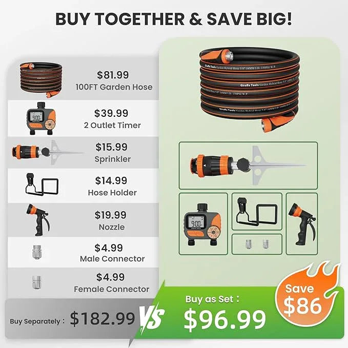 Giraffe Tools Garden Hose 100ft x 5/8", Water Hose Heavy Duty, Flexible with Watering Timer Nozzle and Yard Sprinkler, Lightweight Hybrid Hose with Swivel Handle, Male to Female Fittings - NeatNest