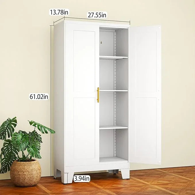 White Metal Storage Cabinet, 61" Steel Cabinets for Home Office, Kitchen Pantry Storage Cabinet with Doors and 3 Adjustable Shelves, Tool Cabinet, for Office, Home, Garage, School - NeatNest