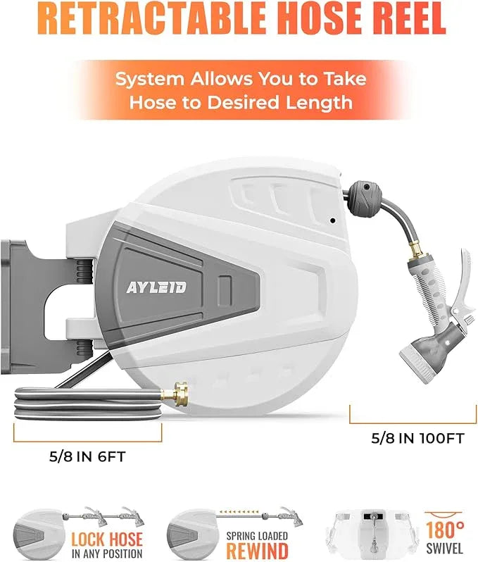 Ayleid Retractable Garden Hose Reel,5/8 in x 100 FT Wall Mounted Hose Reel, with 9- Function Sprayer Nozzle, Any Length Lock/Slow Return System/Wall Mounted/180°Swivel Bracket (Grey) - NeatNest