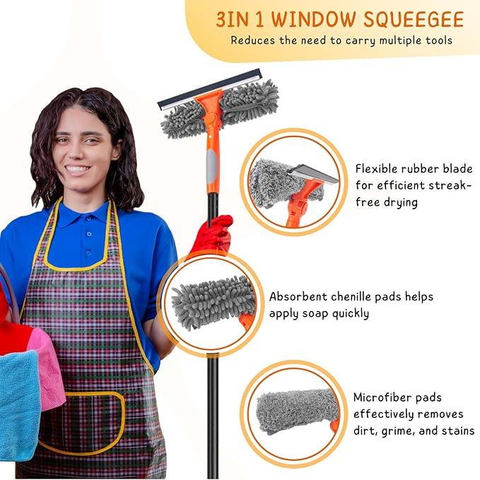 Window Cleaner Tool for Home, 59.5'' Squeegee Kit for Car Windshield, Shower Door, Mirror Cleaning, 2 in 1 Outdoor Glass Washer with Extension Pole - NeatNest