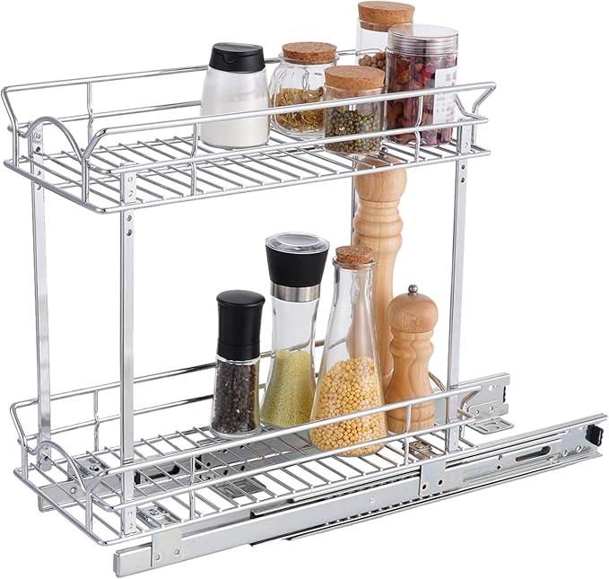 OCG Slide Out Cabinet Organizer for Narrow Cabinet (9" W X 21" D), 2 Tier Pull Out Shelves Slim Sliding Cabinet Organizer and Storage, Chrome - NeatNest