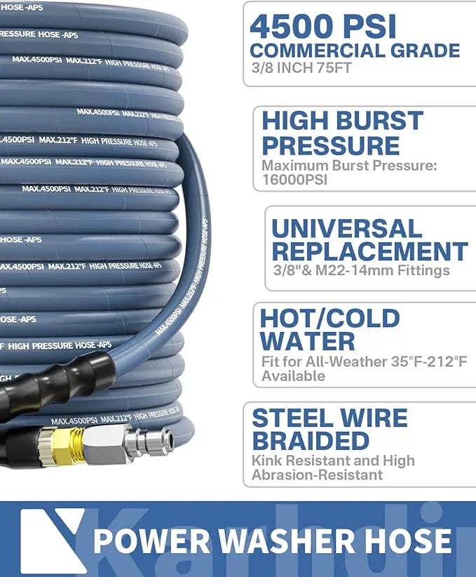Pressure Washer Hose 75FT 3/8" for Cold and Hot Water 212°F, with Swivel Quick Connect, 4500PSI Kink Resistant Grade Steel Wire Braided, Power Washer Hose With 2pcs M22-14mm Adapter - NeatNest