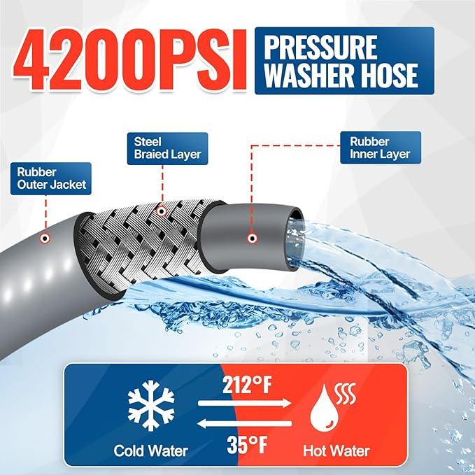 YAMATIC 3/8" Pressure Washer Hose 50FT with Stainless Steel Swivel Quick Connect, 4200 PSI Non Marking Rubber Wear Resistant Steel Braided Industry Grade for Hot/Cold Water Gas Power Washer - NeatNest