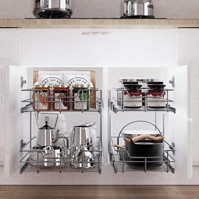 2 Tier Pull Out Cabinet Organizer 15" W X 22" D, Slide Out Drawers For Kitchen Cabinets, Pull Out Drawers For Cabinets Capacity Heavy Duty Caddy, Cabinet Pullout Shelves Chrome-Plated,Bathroom Pantry - NeatNest