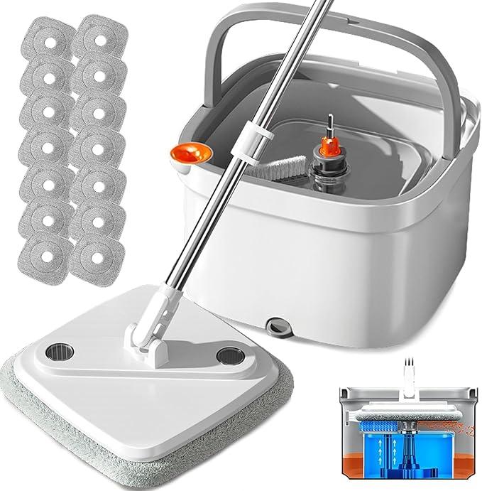 KZKR Spin Mop and Bucket Set with Self Separation Dirty and Clean Water System, Self Wringing 360° Rotating Square Mop Head for Home Floors Cleaning (1.0 Mop and Bucket Set (14 Pads)) - NeatNest