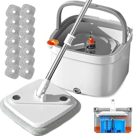 KZKR Spin Mop and Bucket Set with Self Separation Dirty and Clean Water System, Self Wringing 360° Rotating Square Mop Head for Home Floors Cleaning (1.0 Mop and Bucket Set (14 Pads)) - NeatNest