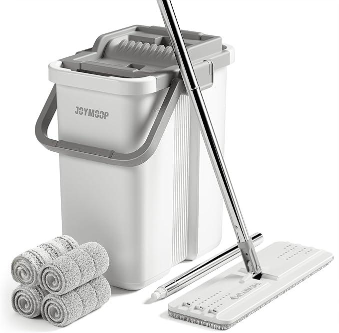 JOYMOOP Mop and Bucket with Wringer Set, Flat Squeeze Mop Flat Head, Dust Mops for Wall Cleaner with Long Handle, Hands-Free Microfiber Mops for Floor Cleaning - White - NeatNest