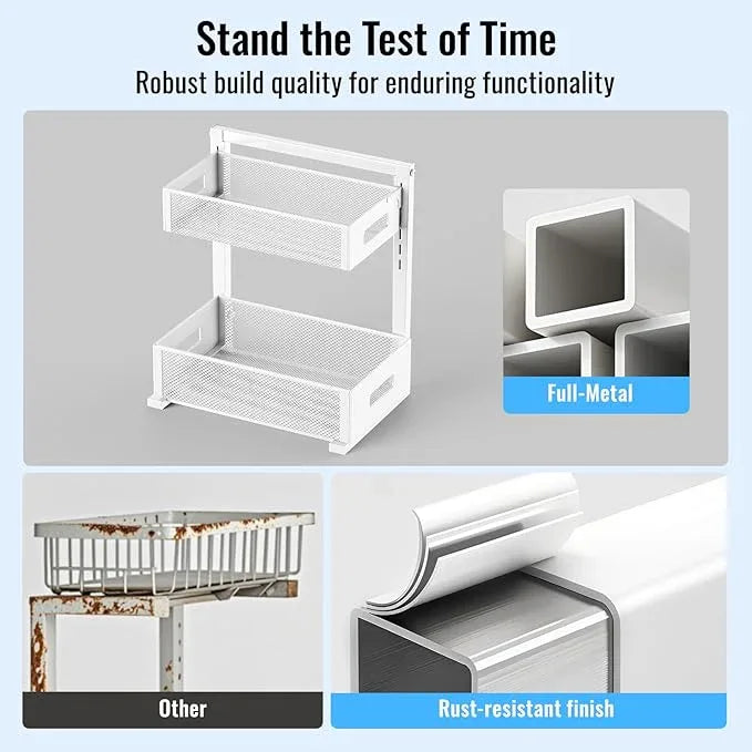 Full Metal Under Sink Organizer, Pull Out Cabinet Organizers and Storage, Silk-Smooth Sliding Drawer for Kitchen, Bathroom, Pantry, Cabinet, Closet (White, 2 Pack) - NeatNest