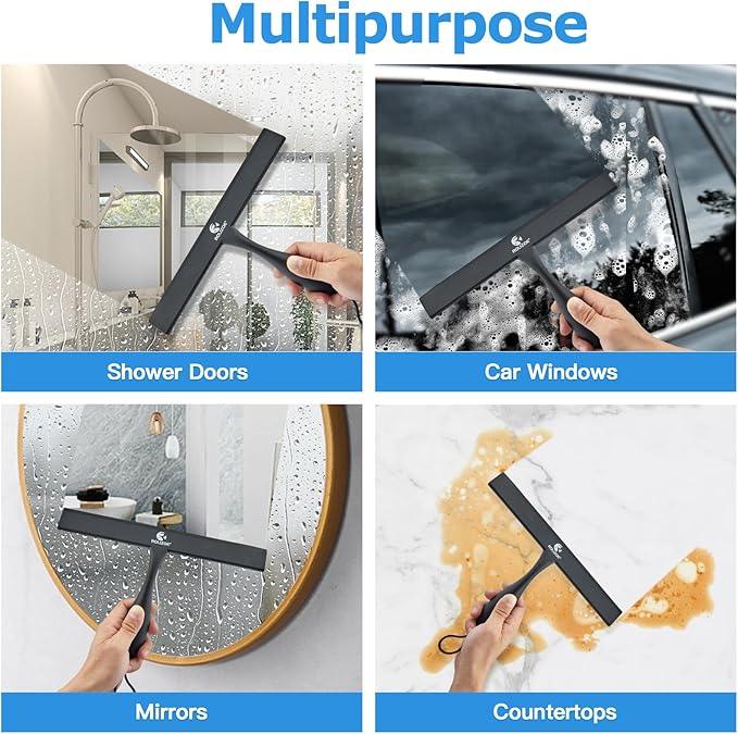 Shower Squeegee for Shower Doors with Bold Handle, 11" Anti-Rust Silicone Shower Squeegee for Shower Glass Door with Stainless Steel Inner Frame, Ergonomics All-Purpose Window Squeegee-Black - NeatNest
