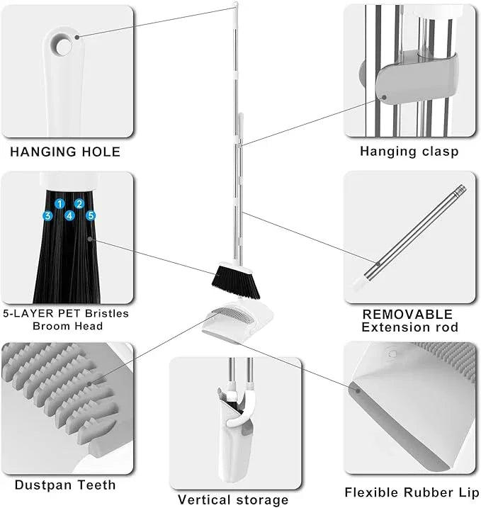 Broom and Dustpan Set, Broom with Dustpan Combo Set for Home 54-in Long Adjustable Handle Dustpan Teeth to Clean Hair for Home Office Kitchen Lobby - NeatNest