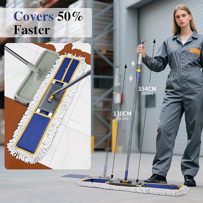 36" Commercial Mop for Floor Cleaning, Masthome Heavy Duty Industrial Mop with 3 Pads, Professional Microfiber Mops with 60'' Long Handle,Large Dust Mops for Office Garage Warehouse Factory Mall(Blue) - NeatNest
