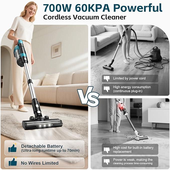 Cordless Vacuum Cleaner with 2 * 4000mAh Batteries, 700W 60Kpa Vacuum Cleaners for Home, 6 in 1 Cordless Stick Vacuum Clearner, Brushless Motor with Led Display for Hard Floors Carpet Pet Hair - NeatNest