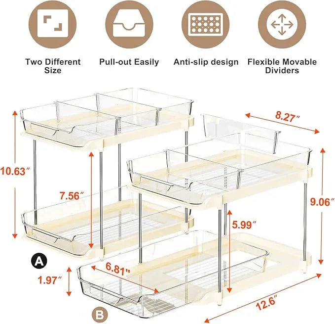 Delamu 2-Tier Multi-Purpose Bathroom Under Sink Organizers and Storage, Stackable Kitchen Pantry Organization, Pull Out Medicine Cabinet Organizer with Movable Dividers, Beige, 2 Pack - NeatNest