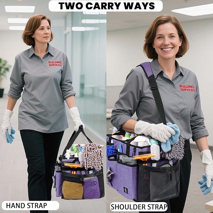 Extra large Cleaning Caddy Bag Built-in Sturdy Support Board, Cleaning Organizer with Detachable Divider, Cleaning Supply Tote with Adjustable Shoulder Strap (Purple, 19'' x 11'' x 11'') - NeatNest