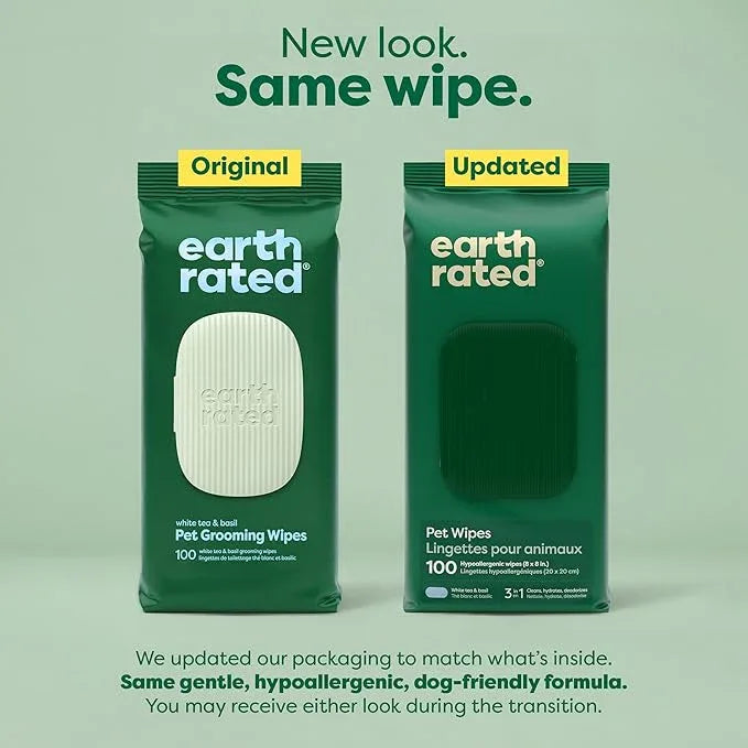 Earth Rated Pet Wipes for Dogs and Cats, Hypoallergenic, 3-in-1 Cleaning, Deodorizing and Hydrating, for Grooming Paws, Body and Butt, New White Tea and Basil Scent, 100 Count - NeatNest